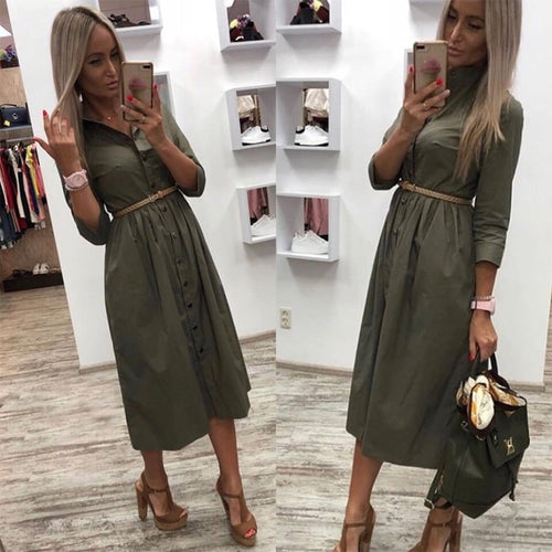 Casual Sashes a Line Women Dress Ladies Long Sleeve Turn Down Collar Fashion Party Dress Autumn Elegant Long Dress shirt dress