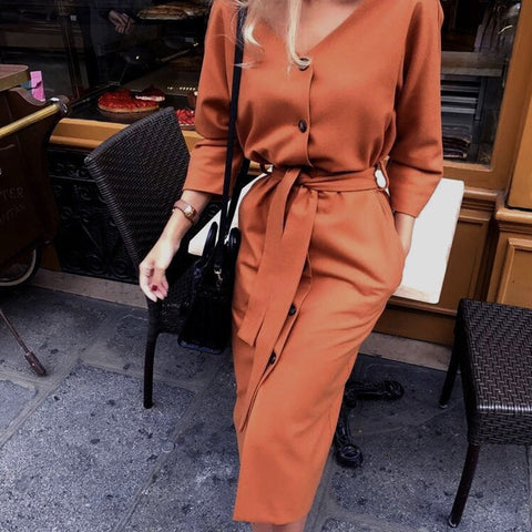 Casual Sashes a Line Women Dress Ladies Long Sleeve Turn Down Collar Fashion Party Dress Autumn Elegant Long Dress shirt dress