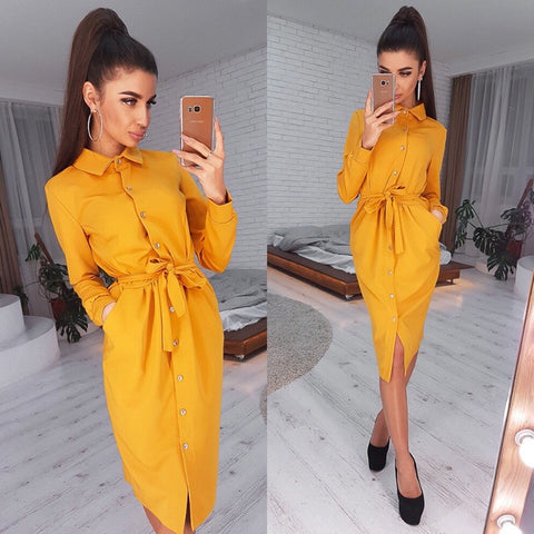 Sexy v Neck Autumn Long Sleeve Women Dress Ladies Sashes Button Casual Office Dress 2019 New Fashion Women Midi Dress Vintage