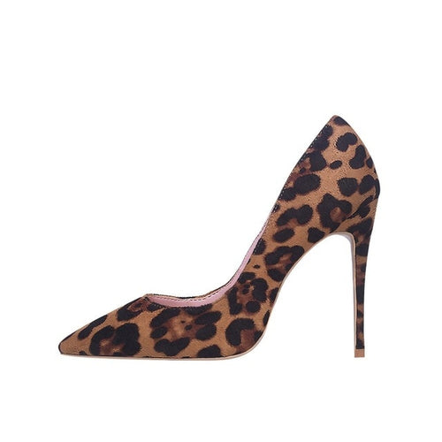 GENSHUO High Heels Shoes Women Pumps Flock Leopard Print Sexy Stilettos 10 12cm Party Heeled Designer Shoes Plus Big Size 11 12