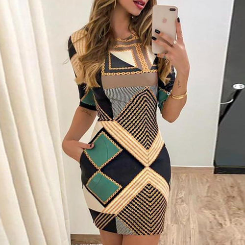 new elegant dress fashion print short-sleeved slim round neck dress ladies spring and autumn mini dress