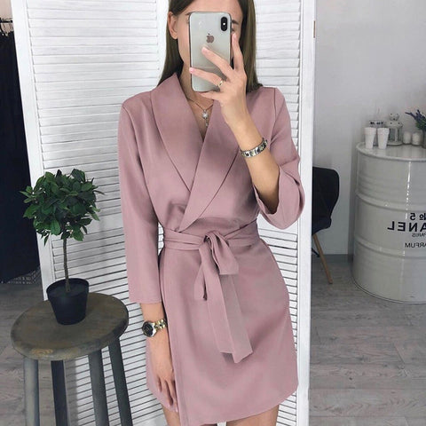 Women Winter Belt Straight Mini Dress Ladies Long Sleeve Turn Down Collar Party Dress 2019 Solid Vintage Fashion Dress