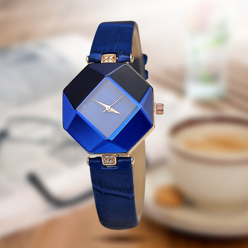 Women Watches Gem Cut Geometry Crystal Leather Quartz